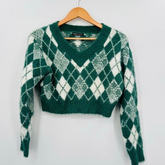 Shein Cropped Argyle Sweater Green White Womens Large Fuzzy Soft Preppy - Picture 1 of 4